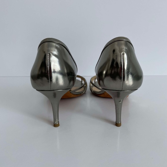 JIMMY CHOO PEWTER SILVER SANDALS KITTEN HEELS OPEN TOE METALLIC VINTAGE FORMAL - Picture 9 of 10